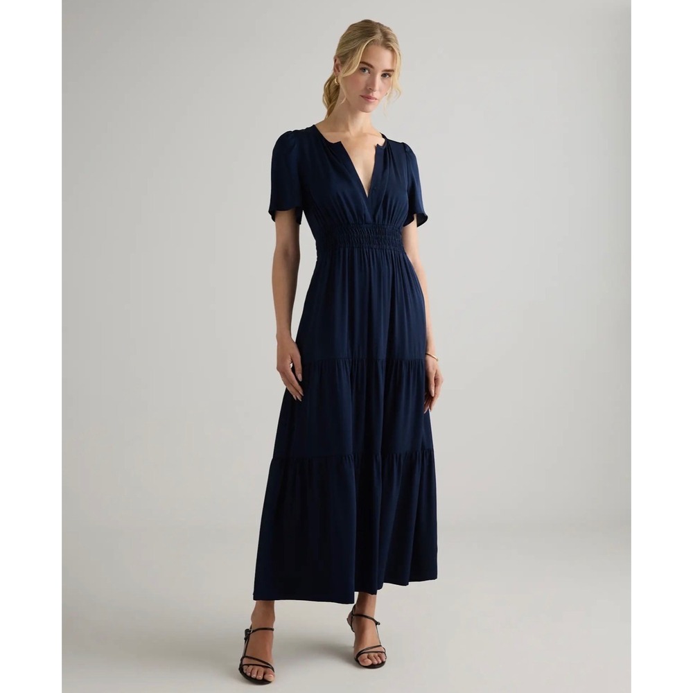 QUINCE | Washable Stretch Silk Tiered Maxi Dress Womens L Navy Blue LB40535